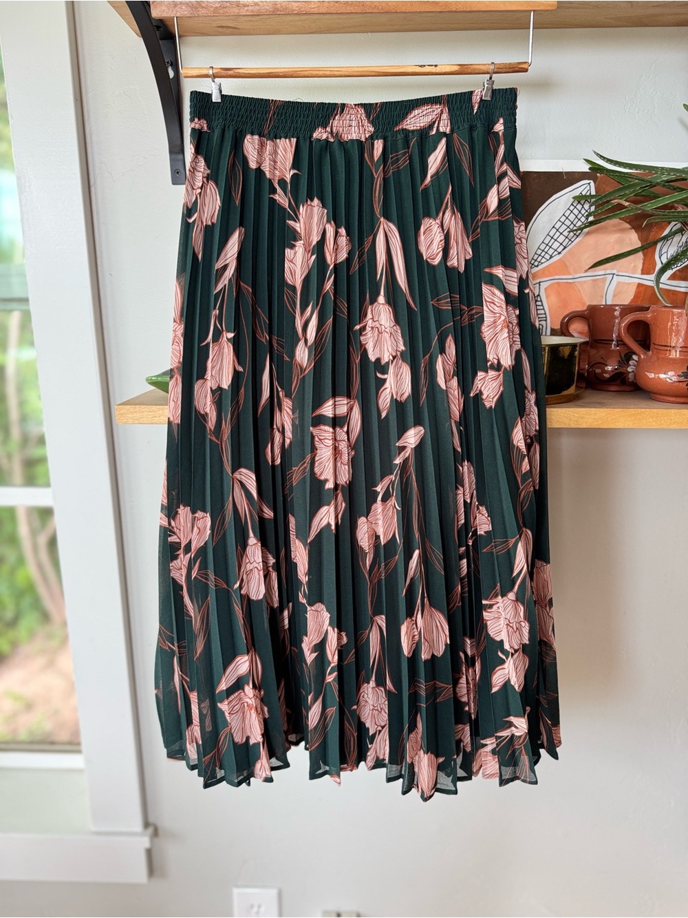 a new day Dark Green Pleated Midi Skirt with Pink Floral Print Size Small